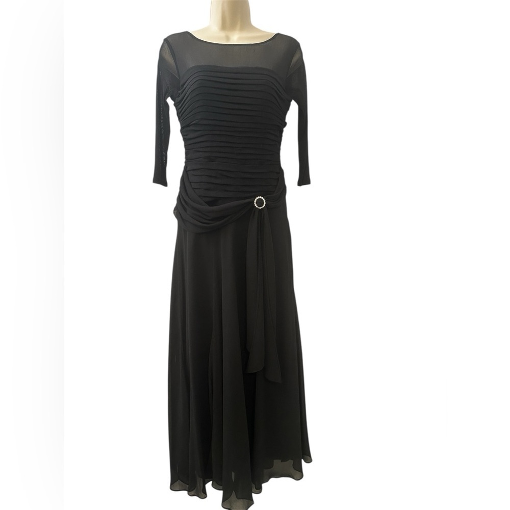 Sangria Size 8 Black Ruched Chiffon Evening Dress with Sheer Sleeves & Brooch